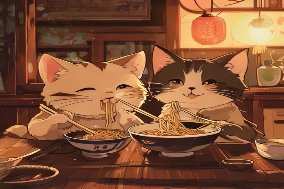 Two anime cats eating ramen together
